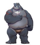 5_toes anthro belly big_belly black_nose clothing cute_fangs fangs feet humanoid_hands kemono male moobs navel nipples overweight overweight_male simple_background solo teeth toes underwear uken_l bear mammal 2022 hi_res