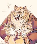 anthro asian_clothing black_myth:_wukong cheek_tuft chest_tuft chinese_clothing clothing east_asian_clothing facial_tuft father_(lore) father_and_child_(lore) father_and_son_(lore) felid fur group hi_res hsaya_huasang laugh mad_tiger male mammal pantherine parent_(lore) parent_and_child_(lore) parent_and_son_(lore) simple_background son_(lore) stripes tiger tiger_vanguard tiger_vanguard_(secret) tuft yellow_body yellow_eyes yellow_fur young