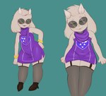 absolute_territory anthro bare_shoulders bottomwear bracelet clothed clothing crossdressing dress eyewear femboy fluffy_ears footwear garter_straps glasses high_heels horn jewelry legwear male paws purple_clothing purple_dress scarf shoes sleeveless_dress smug solo sunglasses thigh_highs tight_bottomwear tight_clothing cappuchino undertale undertale_(series) asriel_dreemurr bovid caprine goat mammal absurd_res hi_res