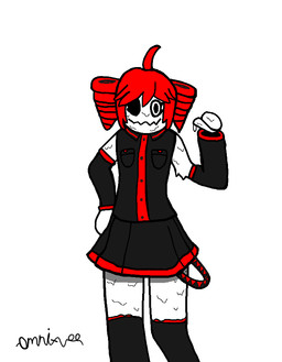 1_eye arm_warmers armwear big_mouth_(anatomy) black_clothing clothing cosplay dirty dirty_clothing dirty_socks female footwear gesture hand_gesture kasane_teto_(cosplay) looking_at_viewer melting_body ominous pointing pointing_at_self red_and_black_arm_warmers red_clothing simple_background simple_eyes socks solo stain white_body white_skin omni-vee utau kasane_teto melty-chan humanoid ink_creature monster 2025 black_and_red shaded signature simple_shading