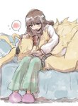 anthro belt blush brown_hair duo female fur hair hair_over_eyes lap_pillow long_ears long_hair male size_difference yellow_body yellow_fur tumugiv bandai_namco digimon digimon_ghost_game ruri_tsukiyono angoramon digimon_(species) human lagomorph leporid mammal rabbit hi_res