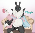 anthro belly big_belly black_body blue_eyes clothing container cup fluffy genitals good_morning male neck_tuft organs penis pregnant pregnant_anthro pregnant_male robe smile solo stomach tuft warhamon bandai_namco digimon nintendo pokemon digimon_(species) renamon hi_res