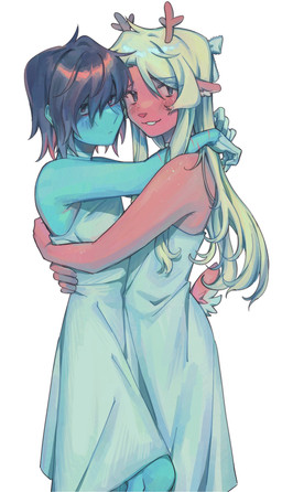 2_horns accessory ambiguous_gender anthro antlers blue_body blue_hair blue_skin bow_ribbon brown_body brown_fur clothing dress duo female freckled_arms freckled_face freckled_shoulders freckles fur hair hair_accessory hair_bow hair_ribbon horn ribbons scar simple_background white_background white_clothing goomyloid deltarune undertale_(series) kris_dreemurr noelle_holiday deer human mammal new_world_deer reindeer 2025 absurd_res hi_res