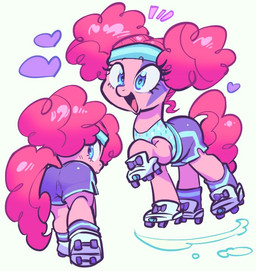 accessory bottomwear butt clothed clothing female feral footwear headband heart_symbol looking_at_viewer looking_back looking_back_at_viewer multiple_angles quad_skates quadruped rear_view roller_skates shorts simple_background solo walking_away jirousan friendship_is_magic hasbro my_little_pony pinkie_pie_(mlp) equid equine horse mammal pony