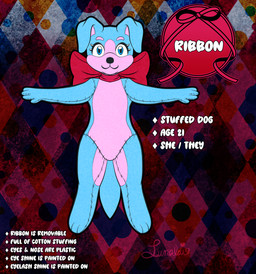 anthro blue_fabric female fingers looking_at_viewer nude pink_fabric plastic_eyes plushie simple_background solo tail text toy lunalaimoonglow glitch_productions the_amazing_digital_circus fan_character ribbon_(lunalaimoonglow) animate_inanimate canid canine canis domestic_dog living_plushie mammal stuffed_dog artist_name colored digital_drawing_(artwork) digital_media_(artwork) english_description english_text hi_res model_sheet signature
