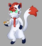 beverage bread bushy_hair cheek_tuft chest_tuft chin_tuft coffee croissant dipstick_tail facial_tuft food fur green_eyes head_tuft leg_markings leg_tuft male markings multicolored_body multicolored_fur pastry red_body red_fur red_tail_tip scarf semi-anthro smile solo tail tail_markings tray tuft white_body white_fur white_tail sparkchu01 nintendo pokemon pokemon_cafe_remix fan_character kai_mew-(character) generation_1_pokemon generation_8_pokemon hisuian_form hisuian_zorua hybrid legendary_pokemon mew_(pokemon) pokemon_(species) regional_form_(pokemon) absurd_res hi_res