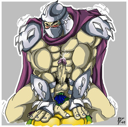 abs anal anal_penetration anus armor athletic balls barazoku biceps blush bodily_fluids cape clothed clothing cowgirl_position cum cum_in_ass cum_inside cum_on_penis cumshot duo ejaculation erection eyes_closed foreskin from_front_position genital_fluids genitals gloves green_body green_skin hair handwear headgear helmet humanoid_genitalia humanoid_penis interspecies leaking lying male male/male male_on_bottom male_on_top male_penetrated male_penetrating male_penetrating_male mask mouthplate muscular ninja nude on_back on_bottom on_top orgasm pecs penetration penis pubes retracted_foreskin scales sex sitting spikes straddling suit sweat topless uniform vein warrior unknown_artist teenage_mutant_ninja_turtles shredder_(tmnt) human mammal reptile scalie turtle 2009