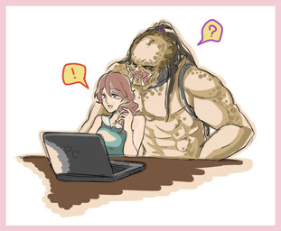 black_hair blush border breasts brown_body brown_hair clothed clothing computer duo electronics exclamation_point fangs female female_on_humanoid hair heart_symbol human_on_humanoid husband husband_and_wife interspecies laptop male male/female male_on_human married_couple muscular muscular_male not_furry open_mouth pink_border purple_eyes question_mark romantic romantic_couple simple_background teeth tongue white_background wife yellow_eyes kein_avp predator_(franchise) fan_character alien human humanoid mammal yautja