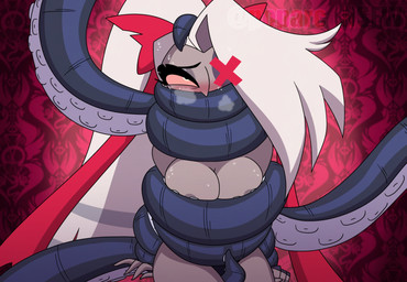 accessory areola black_body black_tentacles blush bodily_fluids bow_ribbon breast_squeeze breasts breath clothed clothing covering covering_mouth dominant dominant_male duo eye_patch eyelashes eyewear female female_focus grey_body grey_skin hair hair_accessory hair_bow hair_ribbon humanoid_focus long_hair male male/female panties panties_only pattern_background restrained restrained_arms restrained_by_tentacles ribbons simple_background squeezing submissive submissive_female submissive_humanoid suckers sweat tentacle_around_arm tentacle_around_neck tentacle_around_waist tentacle_between_legs tentacle_on_head tentacle_over_mouth tentacles topless topless_female topless_humanoid underwear underwear_only white_hair poparc_nsfw hazbin_hotel hellaverse edwin_(poparc_nsfw) vaggi_(hazbin_hotel) angel angel_humanoid aquatic cephalopod coleoid humanoid mollusk octopodiform 2026 half-length_portrait hi_res portrait