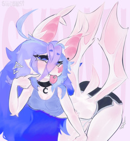 albino anthro bat_nose bat_tail bat_wings bent_over big_butt big_ears blue_clothing blue_hair blue_topwear bottomwear butt choker clothing dolphin_shorts ear_piercing fangs female gesture hair hand_gesture hand_on_leg hotpants jewelry looking_at_viewer membrane_(anatomy) membranous_wings multicolored_hair necklace nipple_outline piercing pink_background pink_inner_ear pink_tongue pointing pointing_at_self purple_hair shorts simple_background small_tail solo tail teeth thick_thighs tongue tongue_piercing topwear white_body wide_hips wings shieshuqqq fan_character prism_(prsmrti) bat mammal hi_res