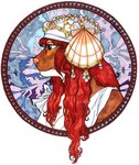 anthro art_nouveau brown_body brown_eyes brown_fur clothed clothing female fur hair hat headgear headwear red_hair seashell shell side_profile solo white_body white_fur terrie_smith european_mythology greek_mythology mythology galatea_(mythology) mammal mink mustelid musteline neovison recently_extinct_species sea_mink true_musteline 2008 low_res