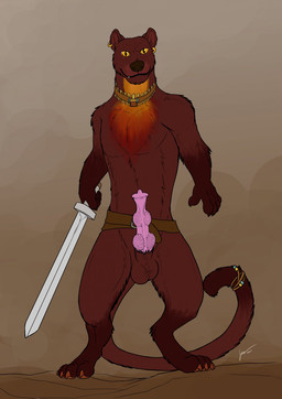 animal_genitalia animal_penis anthro brown_body brown_fur brown_nose brown_tail ear_piercing ear_ring erection fangs fossa_penis front_view fur genitals glistening glistening_eyes holding_melee_weapon holding_object holding_sword holding_weapon looking_at_viewer male male_anthro melee_weapon mouth_closed nude penis piercing pink_penis pupils ring_piercing slit_pupils solo standing sword tail teeth weapon yellow_eyes hufnaar euplerid fossa mammal full-length_portrait hi_res portrait
