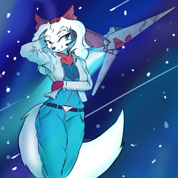 anthro arwing blue_eyes bow_ribbon clothing electronics female flight_suit headgear headphones headset jacket scarf seductive smile smirk solo space spacecraft star topwear vehicle white_body lisao nintendo star_fox fay_(star_fox) bird_dog canid canine canis domestic_dog hunting_dog mammal spaniel 1:1 hi_res