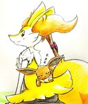 ambiguous_gender anthro blush blush_lines brown_body brown_fur duo eyes_closed feral fur inner_ear_fluff looking_back orange_body orange_eyes orange_fur paws sleeping sleeping_on_another smile stick tail tuft white_body white_fur yellow_body yellow_fur eiroru nintendo pokemon braixen canid canine eevee generation_1_pokemon generation_6_pokemon mammal pokemon_(species) 2024 graphite_(artwork) hi_res traditional_media_(artwork)