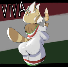 alternate_costume anthro belly bent_arm big_breasts big_butt big_ears big_nipples biped black_nose bow_(feature) breasts brown_body brown_fur brown_tail butt cheek_bulge chewing circle_eyebrows clothed clothed_anthro clothed_female clothing cutout ear_bow ear_tuft elderly elderly_anthro elderly_female eyebrows eyes_closed female fingers flag flag_background food fur fur_tuft heart_cutout heart_symbol holding_food holding_object legs_together light_body light_fur markings mature_anthro mature_female multicolored_body multicolored_bow multicolored_clothing multicolored_fur multicolored_robe multicolored_tail nipple_outline nipples off_shoulder pointy_ears prick_ears ring_(marking) ringed_tail robe slightly_chubby slightly_chubby_anthro slightly_chubby_female snout solo standing striped_markings striped_tail stripes tail tail_cutout tail_markings tan_body tan_fur tan_inner_ear tan_tail text thick_thighs three-quarter_view tight_clothing tight_robe tuft two_tone_tail white_body white_ears white_eyebrows white_fur white_text estebon89 aggretsuko sanrio retsuko's_mother ailurid mammal red_panda 2025 digital_drawing_(artwork) digital_media_(artwork) hi_res letterbox portrait three-quarter_portrait