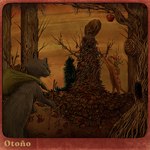 ambiguous_gender anthro apple black_body black_fur border detailed_background fluffy food fruit fur group leaf mask orange_body outside plant semi-anthro tail text tree twig plastiboo domestic_cat felid feline felis mammal tabby_cat 1:1 hi_res