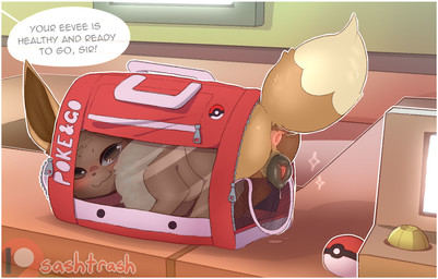 animal_genitalia animal_vulva anus blush bodily_fluids brown_body brown_eyes brown_fur brown_vulva butt canine_genitalia canine_vulva dialogue female female_feral feral fur genital_fluids genital_focus genitals looking_at_viewer pet_carrier plump_labia pokeball puffy_anus side_view simple_background smile solo speech_bubble standard_pokeball tail tail_anus text vaginal_fluids vulva vulva_focus backsash nintendo pokemon canid eevee generation_1_pokemon mammal pokemon_(species) 2025 digital_media_(artwork) english_text
