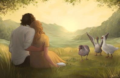 ambiguous_feral ambiguous_gender arm_around_another beak blonde_hair brown_hair candy clothed clothing dessert detailed_background feathers female female_human feral food fully_clothed grass grey_body grey_feathers group hair humanoid_hands long_hair male male_human mountain open_beak open_mouth outside paper_bag plant rear_view rolled_up_sleeves shirt short_hair sitting spread_wings standing sunset tongue topwear white_body white_clothing white_feathers white_shirt white_topwear wings silvverart the_hunger_games haymitch_abernathy lenore_dove_baird anatid anseriform anserine avian bird goose human mammal 2025 absurd_res digital_media_(artwork) digital_painting_(artwork) hi_res painting_(artwork)