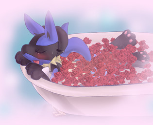 ambiguous_gender anthro bath blush eyes_closed flower plant rose_(flower) solo enon nintendo pokemon canid canine generation_4_pokemon lucario mammal pokemon_(species) 2009 digital_media_(artwork)