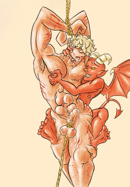 arms_tied balls bat_wings bdsm bite bite_mark blonde_hair bodily_fluids bondage bound chokehold drooling duo genital_fluids genitals hair hell horn male male/male membrane_(anatomy) membranous_wings muscular nipple_fetish nipple_play nipples pinch precum rope saliva scratch_mark scratches size_difference smaller_on_top strangling torture wings wildmongrel demon human imp mammal hi_res