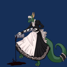anthro clothing feminine_pose maid_headdress maid_uniform male slim solo spilled_coffee spilled_drink tail tapering_tail uniform mirchicom raj'devrek_(kellington) kobold scalie 1:1 alpha_channel hi_res