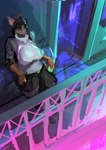 anthro beverage big_breasts black_hair breasts clothing female futuristic hair holding_beverage holding_object leaning_on_wall lights outside railing solo wide_hips convolute vanessa_black canid canine canis jackal mammal absurd_res hi_res