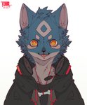 2020 anthro black_clothing black_topwear clothing dated front_view fur hi_res kunaru mammal multicolored_eyes open_mouth pupils red_clothing red_text simple_background solo text tongue topwear white_background white_pupils