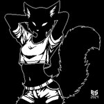 anthro black_background black_body black_fur black_shading bottomwear breasts clothing crop_top denim denim_bottomwear denim_clothing denim_shorts facial_tuft female fluffy fluffy_tail fur hands_behind_head inner_ear_fluff looking_at_viewer midriff monotone_background navel outline raised_arms shirt shorts simple_background solo tail topwear tuft white_bottomwear white_clothing white_eyes white_inner_ear_fluff white_nose white_outline white_topwear ezeeshady felid feline mammal 1:1 2024 black_and_white digital_media_(artwork) half-length_portrait monochrome pixel_(artwork) portrait signature