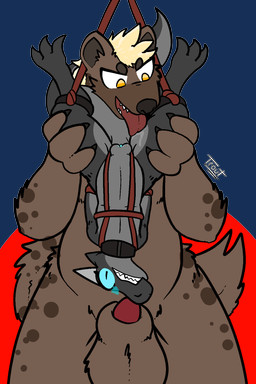 animal_genitalia anthro balls bdsm blush bondage bound collar duo female genitals larger_male licking male male/female penis penis_tip sheath size_difference slave smaller_female suspension tongue tongue_out vulva trout_(artist) gnoll hyena kobold mammal reptile scalie spotted_hyena 2019 2:3 alpha_channel hi_res