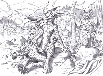 anthro barefoot bottomwear breasts caught_in_the_act chest_tuft clothing ear_piercing ear_tuft feet female female/female fingering forest group heart_symbol holding_melee_weapon holding_object holding_polearm holding_spear holding_weapon inner_ear_fluff kneeling licking loincloth male melee_weapon multi_nipple neck_lick neck_tuft nipples open_mouth outside pawpads paws piercing plant polearm romantic romantic_couple spear spots surprised tail teeth tongue tree trio tuft vaginal vaginal_fingering water weapon 0laffson khori_(0laffson) nireth_(0laffson) rahan_(0laffson) caracal caracal_(genus) felid feline lynx mammal 2026 graphite_(artwork) hi_res signature traditional_media_(artwork)