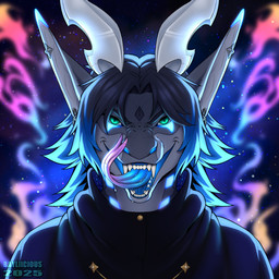 anthro big_ears black_hair blue_eyes blue_hair clothed clothing ear_piercing ear_ring fangs front_view gauged_ear grey_body hair horn licking licking_lips licking_own_lips looking_at_viewer male male_anthro multicolored_hair narrowed_eyes open_mouth piercing pupils ring_piercing slit_pupils solo teeth tongue tongue_out two_tone_hair white_horn rayliicious mythology dragon mythological_creature mythological_scalie scalie 1:1 2025 bust_portrait dated portrait signature