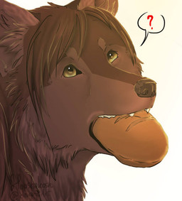 amber_eyes ambiguous_gender bread bread_loaf brown_body brown_fur feral feralized food fur holding_object_in_mouth quadruped question_mark solo ouivon attack_on_titan sasha_braus canid canine canis mammal wolf 2013