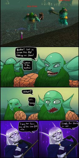 dialogue female fishing fishing_rod group insane not_furry screencap screencap_background text creambeam blizzard_entertainment warcraft riinea_moongazer elf humanoid night_elf absurd_res comic english_text hi_res