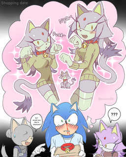 anthro bell blood blush bodily_fluids clothing collar duo fantasizing female green_eyes hero imagination jingle_bell leggings legwear male male/female nosebleed panties paw_pose pose princess purring royalty shopping speech_bubble sweater thought_bubble topwear underwear yellow_eyes yeoon sega sonic_the_hedgehog_(series) background_character blaze_the_cat sonic_the_hedgehog domestic_cat eulipotyphlan felid feline felis hedgehog mammal hi_res