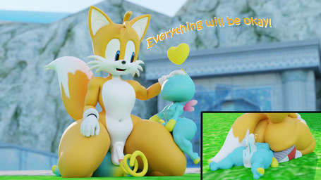 anthro balls big_butt bodily_fluids butt cum facesitting femboy genital_fluids genitals group headpat heart_symbol male male/male penis petting sitting_on_another size_difference small_penis smaller_male text thick_thighs trio supersuperrare coel3d_(modeler) kabalmystic_(modeler) sega sonic_the_hedgehog_(series) miles_prower canid canine chao_(sonic) fox mammal 16:9 2024 3d_(artwork) digital_media_(artwork) english_text hi_res widescreen