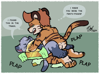 anal anthro bodily_fluids bullying diaper diaper_in_face diaper_sniffing duo forced genital_fluids male male/male musk rape sex sniffing text unclean_diaper urine used_diaper watersports wet_diaper young young_on_young young_rape young_raped poorsal devendra_(poorsal) domestic_cat felid feline felis mammal pantherine tiger english_text signature