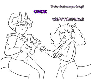 3_horns 5_fingers anthro bong clothing cocaine dialogue drugs duo electronics eyelashes female fingers frill_(anatomy) hair hair_over_eye headphones hoodie horn lighter long_tail multi_horn profanity shirt short_hair sitting tail tank_top text topwear young young_anthro young_female arsenic_iii cavemanon_studios family_guy goodbye_volcano_high ko_op_(game_developer) snoot_game chondra_(snoot_game) trish_(gvh) ceratopsian ceratopsid chasmosaurine dinosaur marginocephalian ornithischian prehistoric_species reptile scalie triceratops 2025 english_text hi_res monochrome sibling_(lore) sister_(lore) sisters_(lore)