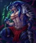 anthro armor blue_body blue_fur blue_hair bottomwear clothed clothing countershading fangs forest fur hair loincloth long_hair male muscular muscular_anthro muscular_male plant solo teeth tentacles text tree unconvincing_armor nurinaki sega shining_(sega) shining_force_exa duga_(shining) canid canine canis mammal wolf 2018 url