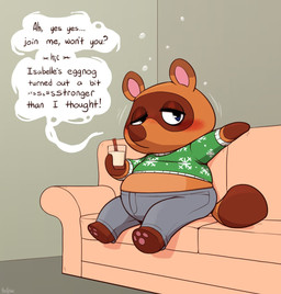 anthro belly blush bottomwear brown_body brown_fur clothing detailed_background drunk eggnog fur furniture inside male overweight overweight_anthro overweight_male pants sitting sofa solo substance_intoxication sweater text topwear yellowhellion animal_crossing nintendo tom_nook_(animal_crossing) canid canine mammal raccoon_dog tanuki 2020 english_text hi_res
