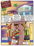 3:4 anthro anthrofied backpack beach bottomwear clothed clothing comic dialogue dustin_(fuze) eevee eeveelution emerson_(fuze) english_text flareon fully_clothed fuze generation_1_pokemon group hand_in_pocket hi_res hotpants jolteon male multicolored_clothing multicolored_shirt multicolored_tank_top multicolored_topwear navel nintendo open_clothing open_shirt open_topwear palm_tree plant pockets pokemon pokemon_(species) pokemorph rainbow_clothing rainbow_shirt rainbow_tank_top rainbow_topwear seaside shirt shorts tank_top text topwear tree trent_(fuze) trio