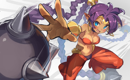 bandeau blue_eyes breasts circlet clothing ear_piercing ear_ring eyebrows eyelashes female hair humanoid_pointy_ears navel not_furry open_mouth open_smile piercing pointy_ears purple_hair ring_piercing smile solo spiked_ball topwear life_is_pi shantae_(series) wayforward shantae genie humanoid 2026 absurd_res hi_res