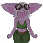 anthro blush breasts cleavage clothed clothing female hair midriff open_mouth simple_background solo teeth white_hair yellow_eyes null0patience league_of_legends riot_games tencent tristana_(lol) imp mammal yordle digital_media_(artwork) hi_res