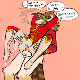 abdominal_bulge ahegao anthro blush bodily_fluids bottomless bottomless_female bottomless_male clothed clothing duo female from_behind_position genital_fluids knee_highs legwear looking_pleasured male male/female marching_band_uniform moan name_tag penetration praise_kink sex size_difference stand_and_carry_position standing standing_sex vaginal vaginal_fluids vaginal_penetration hungrycrow dennis_(fish_birb) sarah_(fish_birb) accipitrid accipitriform apodiform avian bird buteo chickenhawk hummingbird red-tailed_hawk hi_res