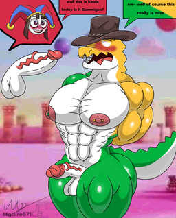 abbs anthro balls biceps big_muscles big_pecs big_penis blush candy clothing dessert dialogue duo food fool's_hat genitals green_body gummy_(food) hat headgear headwear huge_pecs huge_penis intersex intersex/male jester male multicolored_body muscular muscular_anthro muscular_arms muscular_male muscular_thighs nipple_piercing nipples oenis pecs penis piercing text thick_thighs triceps vein veiny_penis white_body wide_hips yellow_body mgdire671 glitch_productions the_amazing_digital_circus gummigoo_(tadc) pomni_(tadc) alligator alligatorid crocodile crocodilian food_creature gummy_creature humanoid living_candy reptile scalie absurd_res digital_media_(artwork) english_text hi_res
