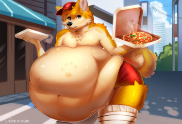 abdominal_bulge anthro belly big_belly black_nose bottomwear box cheek_tuft chest_tuft clothing container curled_tail day delivery_(commerce) facial_tuft food food_delivery fur hat head_tuft headgear headwear holding_box holding_container holding_object holding_pizza_box huge_belly hyper hyper_belly legwear looking_at_viewer male navel outside pizza pizza_box pizza_delivery red_bottomwear red_clothing red_shorts shorts smile solo stockings tail tan_body tan_fur teeth text thick_thighs town tuft vore white_clothing white_legwear white_stockings yellow_body yellow_fur kysokofwater canid canine canis domestic_dog mammal shiba_inu spitz 2025 colored digital_drawing_(artwork) digital_media_(artwork) english_text hi_res shaded