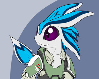4_ears ambiguous_gender anthro armor big_eyes blue_body blue_feathers clothed clothed_ambiguous clothed_anthro clothing cute_fangs fangs feathers glistening glistening_eyes grey_sclera head_tuft head_turned looking_away mouth_closed multi_ear multicolored_tail neck_tuft pupils purple_eyes simple_background solo tail teeth tuft white_body white_feathers compound_lift avali avian 2016 5:4 bust_portrait digital_media_(artwork) flat_colors portrait