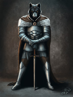 anthro armor cape cloak clothing fantasy fur_cape fur_clothing knight male medieval melee_weapon serious solo standing sword warrior weapon autumnflame canid canine canis mammal wolf 3:4 absurd_res detailed digital_media_(artwork) hi_res portrait shaded