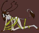 anthro barricade_tape breasts brown_background brown_hair caution_tape crawling female grey_body hair hooves horn raised_tail simple_background simple_eyes solo stripes tail white_stripes