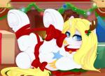 female feral holidays horn lying on_back solo xsatanielx christmas hasbro my_little_pony mythology fan_character equid equine mammal mythological_creature mythological_equine unicorn absurd_res hi_res