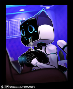 anthro big_breasts black_border black_bow_tie black_eyes blue_nose blue_sclera bodily_fluids border bow_tie breast_play breasts cum cum_on_breasts cum_on_face dark_body dark_skin duo female front_view genital_fluids genitals glowing glowing_nipples huge_breasts inverted_nipples machine male male/female nipples penis screen screen_face sex sex_toy text titfuck white_body tofuuu pudu_robotics bellabot domestic_cat felid feline felis human mammal robot robot_anthro hi_res url